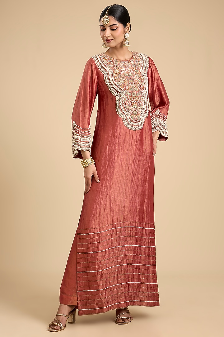 Rust Handloom Tissue Thread & Moti Embroidered Tunic Set by Jaya Rathore at Pernia's Pop Up Shop