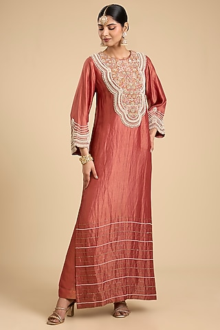 Rust Handloom Tissue Thread & Moti Embroidered Tunic Set by Jaya Rathore