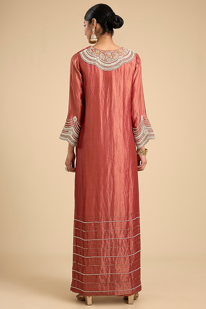 Rust Handloom Tissue Thread & Moti Embroidered Tunic Set by Jaya Rathore at Pernia's Pop Up Shop