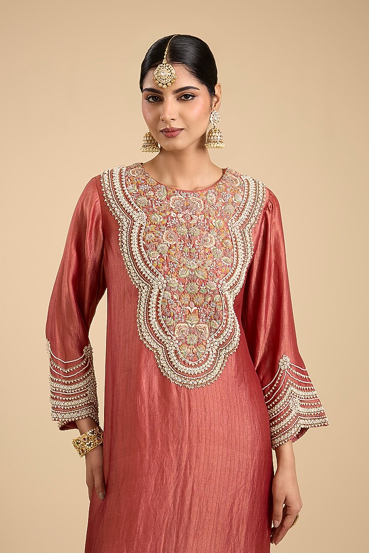 Rust Handloom Tissue Thread & Moti Embroidered Tunic Set by Jaya Rathore at Pernia's Pop Up Shop