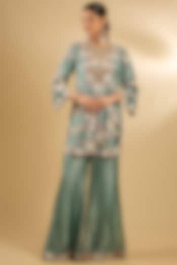 Blue Handloom Silk Threadwork Tunic Set by Jaya Rathore at Pernia's Pop Up Shop