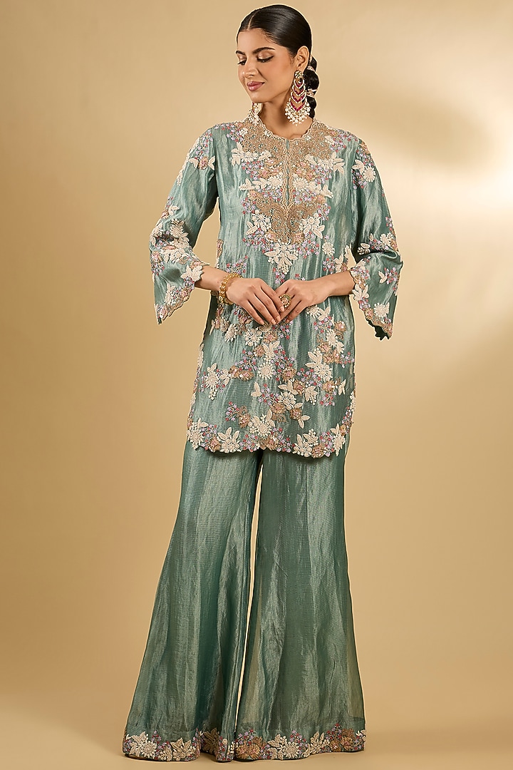 Blue Handloom Silk Threadwork Tunic Set by Jaya Rathore at Pernia's Pop Up Shop