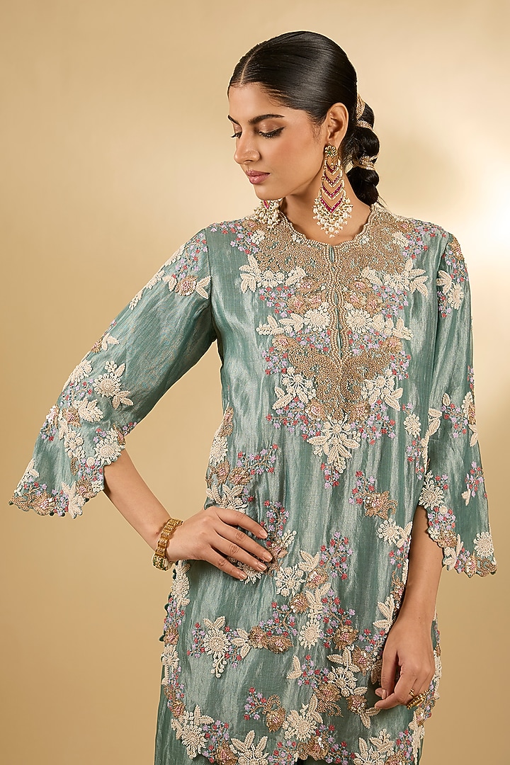Blue Handloom Silk Threadwork Tunic Set by Jaya Rathore at Pernia's Pop Up Shop