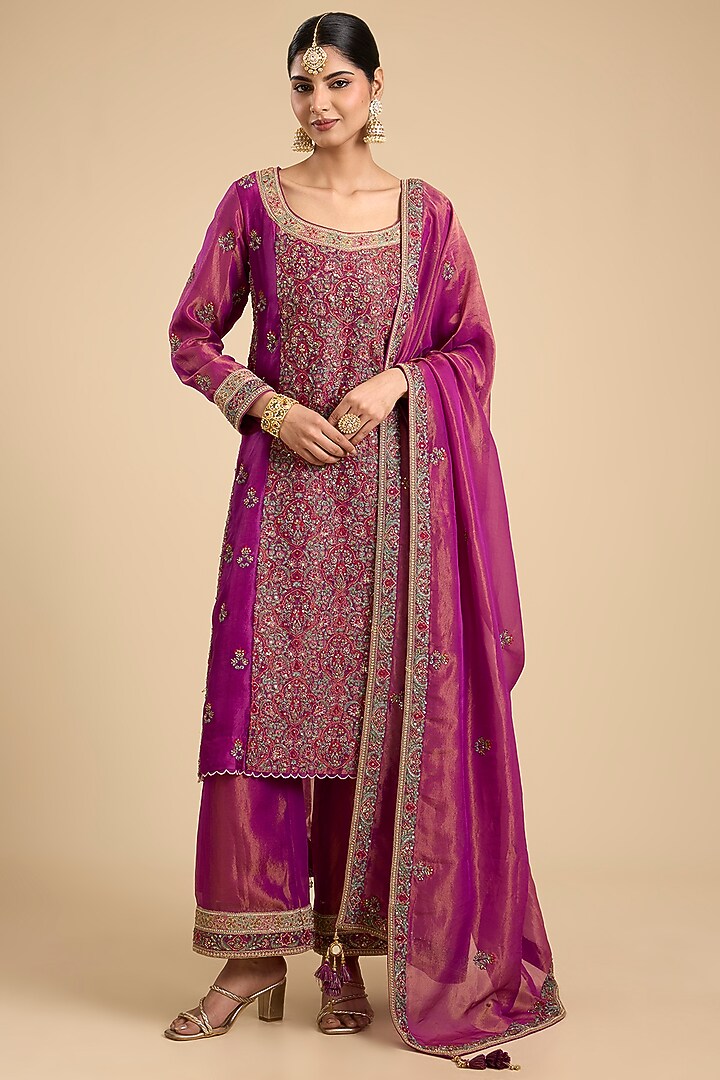 Fuchsia Pink Shimmer Tissue Thread Work Paneled Kurta Set by Jaya Rathore at Pernia's Pop Up Shop