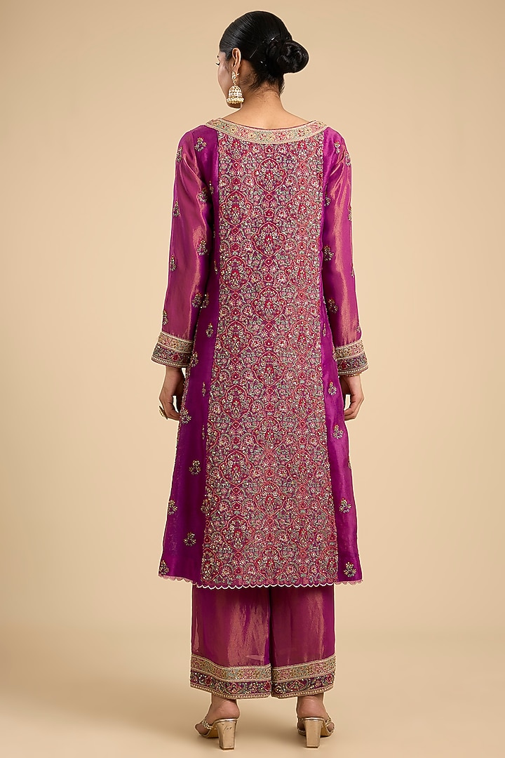 Fuchsia Pink Shimmer Tissue Thread Work Paneled Kurta Set by Jaya Rathore at Pernia's Pop Up Shop