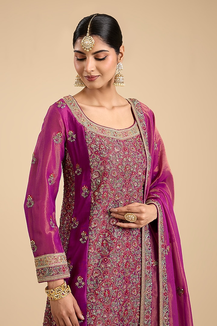 Fuchsia Pink Shimmer Tissue Thread Work Paneled Kurta Set by Jaya Rathore at Pernia's Pop Up Shop