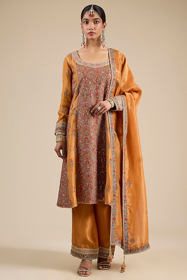 Orange Shimmer Tissue Thread Embroidered Kurta Set by Jaya Rathore at Pernia's Pop Up Shop