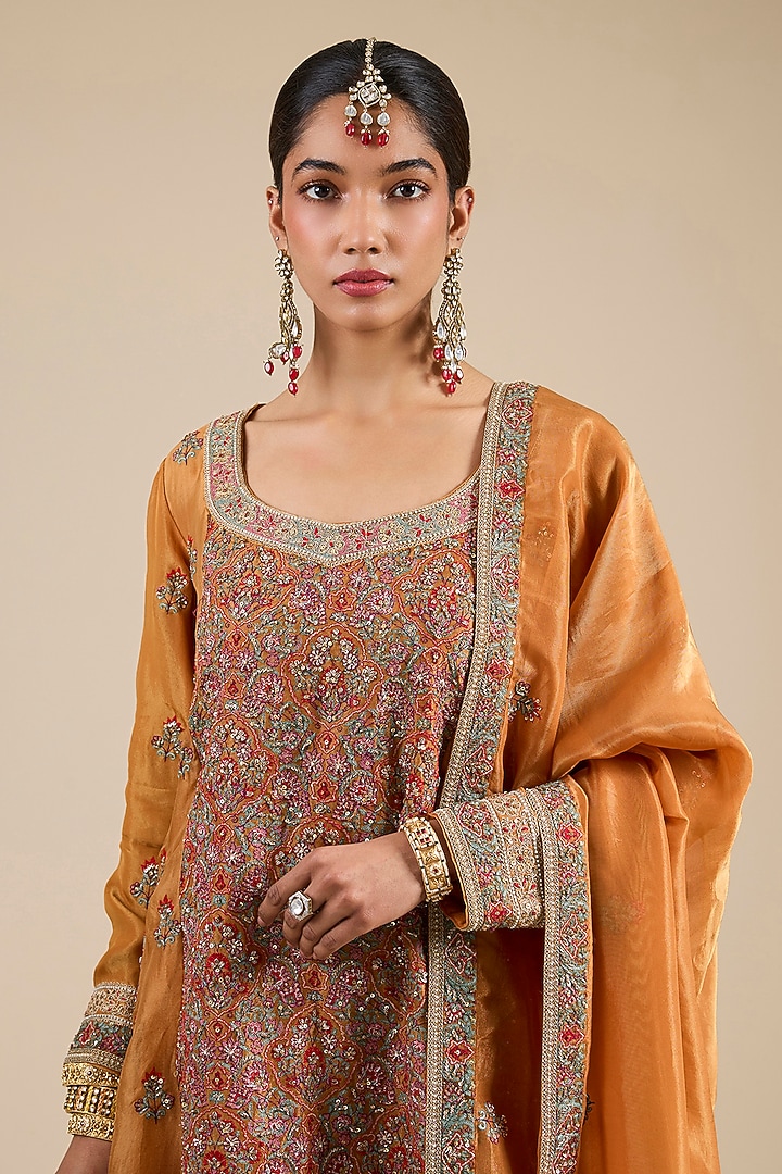 Orange Shimmer Tissue Thread Embroidered Kurta Set by Jaya Rathore at Pernia's Pop Up Shop
