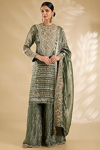 Green Tissue Embroidered Sharara Set by Jaya Rathore