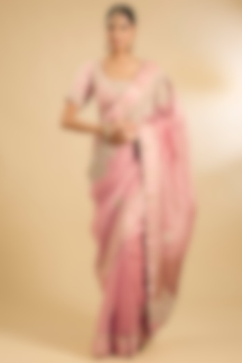 Pink Organza Thread Work Reception Saree Set by Jaya Rathore at Pernia's Pop Up Shop