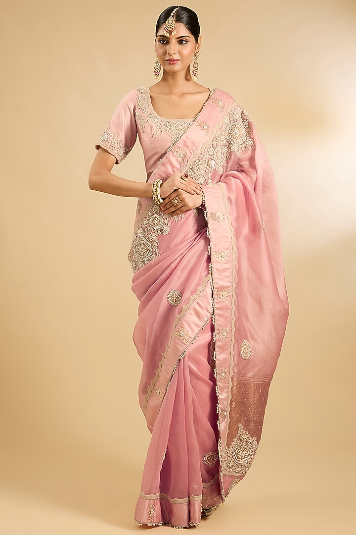 Pink Organza Thread Work Reception Saree Set by Jaya Rathore at Pernia's Pop Up Shop