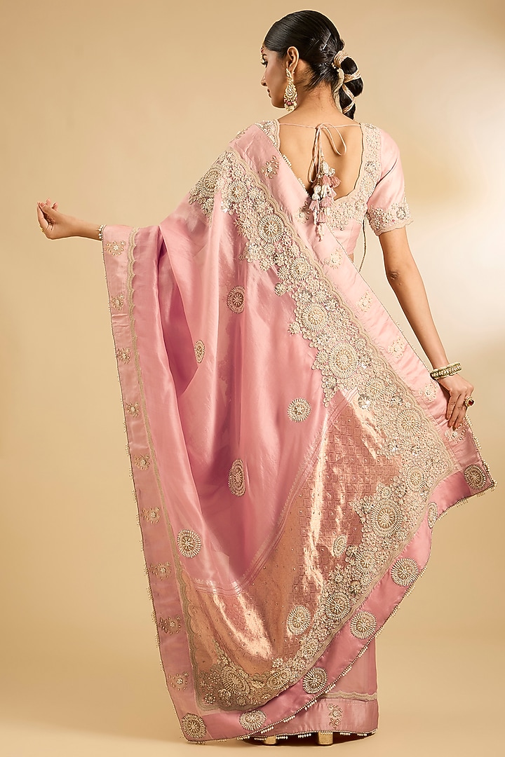 Pink Organza Thread Work Reception Saree Set by Jaya Rathore at Pernia's Pop Up Shop