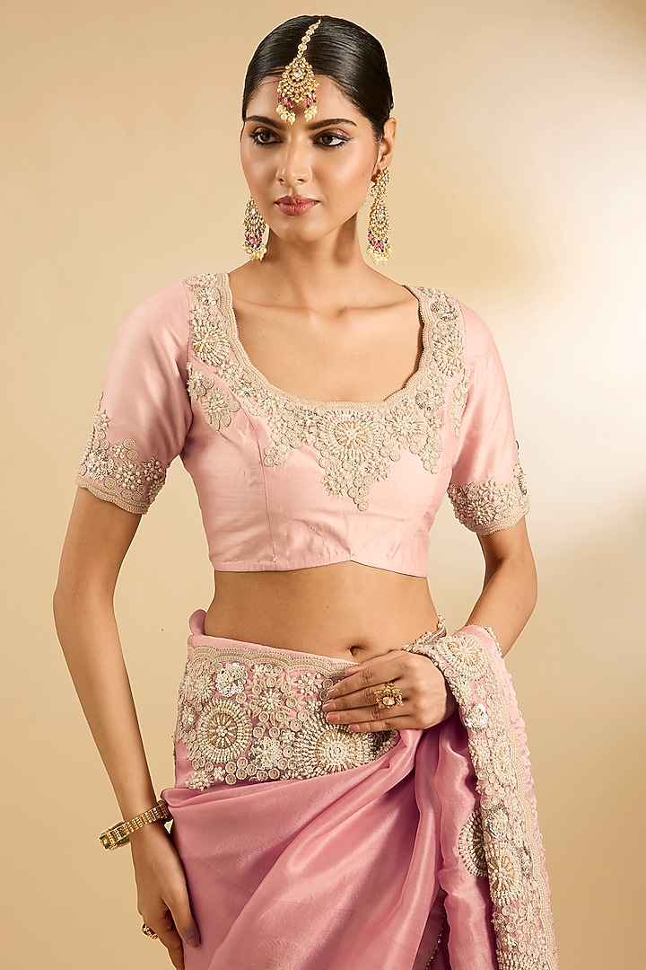 Pink Organza Thread Work Reception Saree Set by Jaya Rathore at Pernia's Pop Up Shop