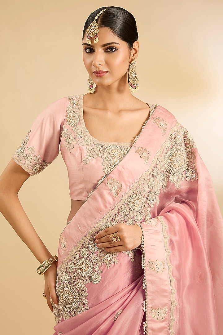 Pink Organza Thread Work Reception Saree Set by Jaya Rathore at Pernia's Pop Up Shop