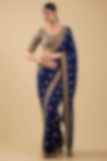 Navy Blue Silk Boota Embroidered Reception Saree Set by Jaya Rathore at Pernia's Pop Up Shop