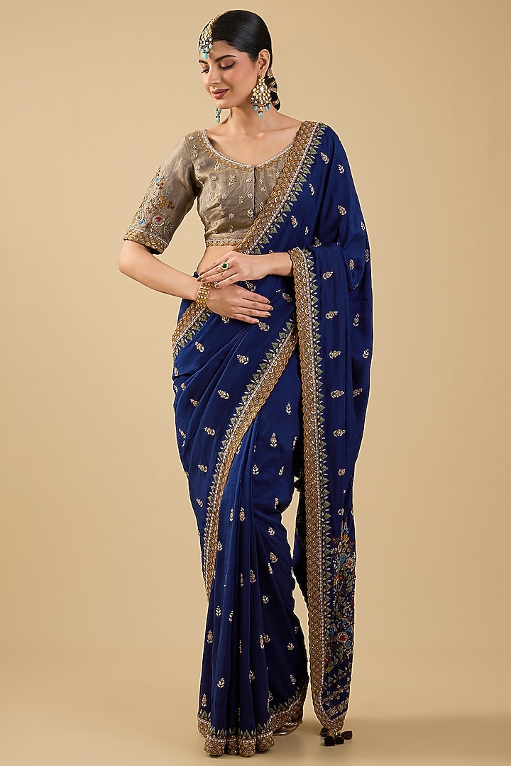 Navy Blue Silk Boota Embroidered Reception Saree Set by Jaya Rathore at Pernia's Pop Up Shop
