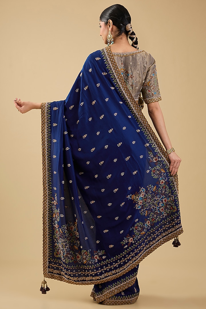 Navy Blue Silk Boota Embroidered Reception Saree Set by Jaya Rathore at Pernia's Pop Up Shop