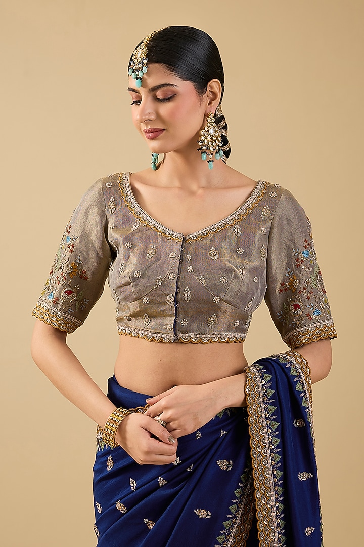 Navy Blue Silk Boota Embroidered Reception Saree Set by Jaya Rathore at Pernia's Pop Up Shop