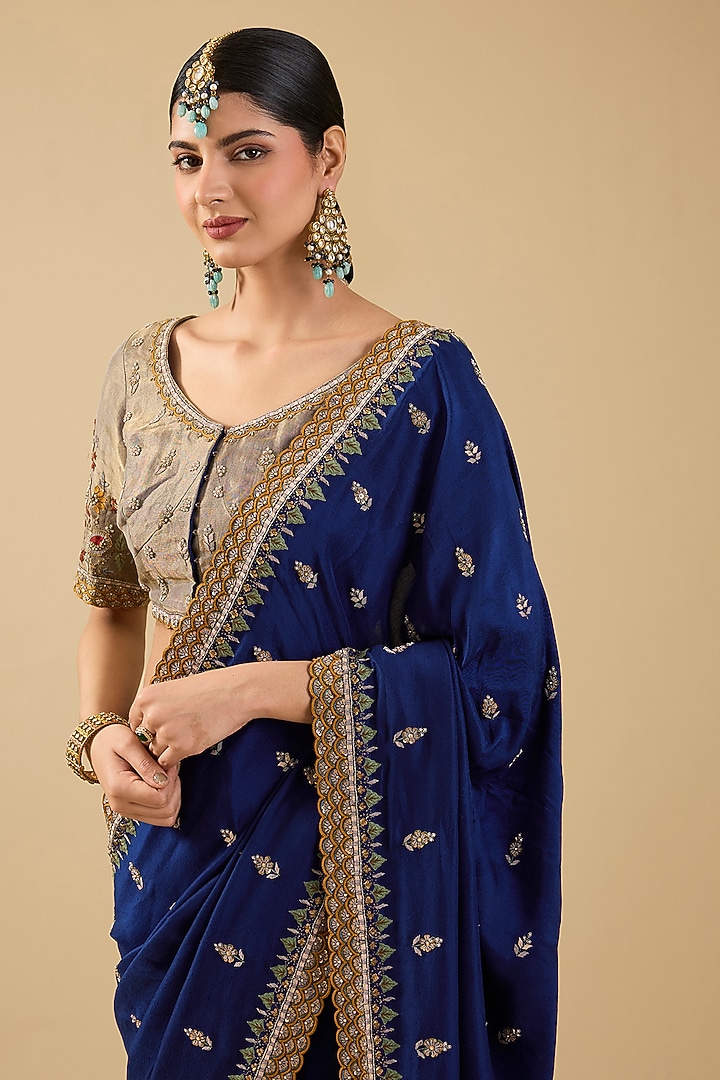 Navy Blue Silk Boota Embroidered Reception Saree Set by Jaya Rathore at Pernia's Pop Up Shop