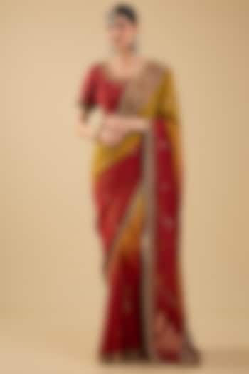 Rust & Mustard Shaded Chiffon Mirror Embroidered Reception Saree Set by Jaya Rathore at Pernia's Pop Up Shop