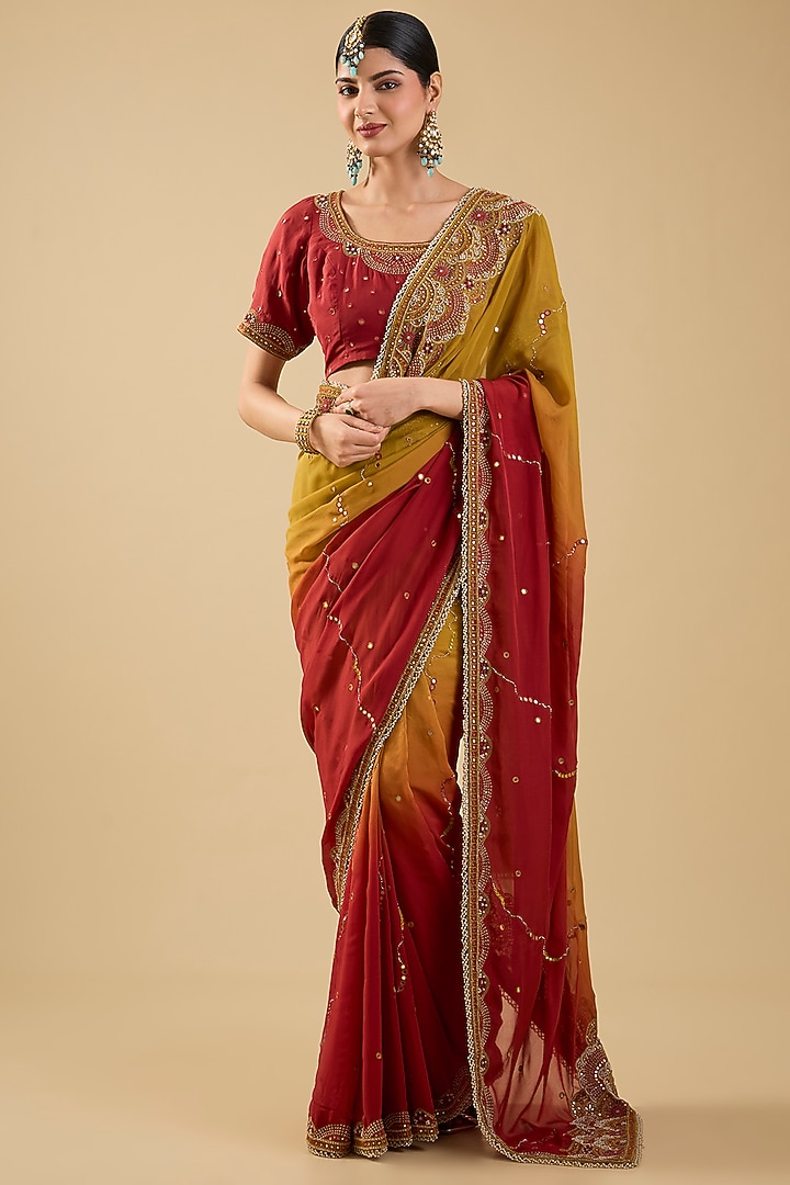 Rust & Mustard Shaded Chiffon Mirror Embroidered Reception Saree Set by Jaya Rathore at Pernia's Pop Up Shop