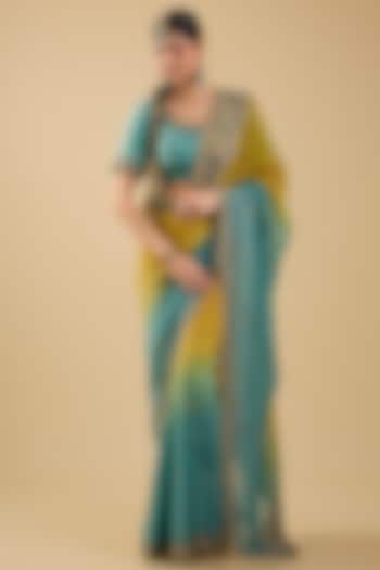 Mustard & Blue Shaded Chiffon Mirror Embroidered Reception Saree Set by Jaya Rathore at Pernia's Pop Up Shop