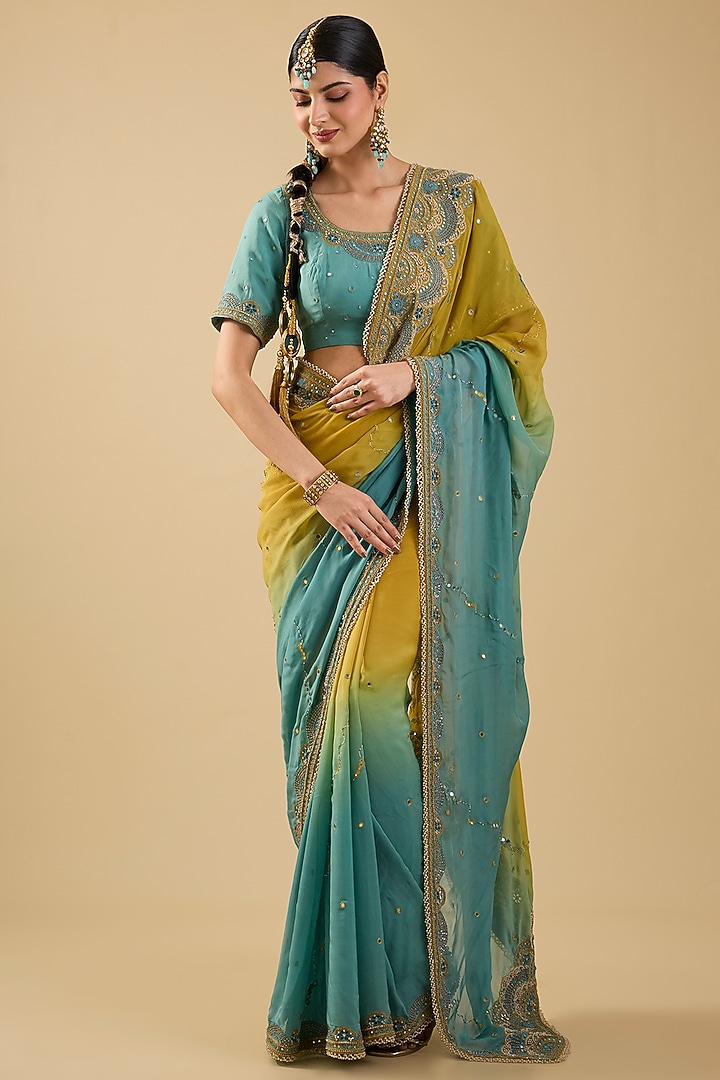 Mustard & Blue Shaded Chiffon Mirror Embroidered Reception Saree Set by Jaya Rathore at Pernia's Pop Up Shop