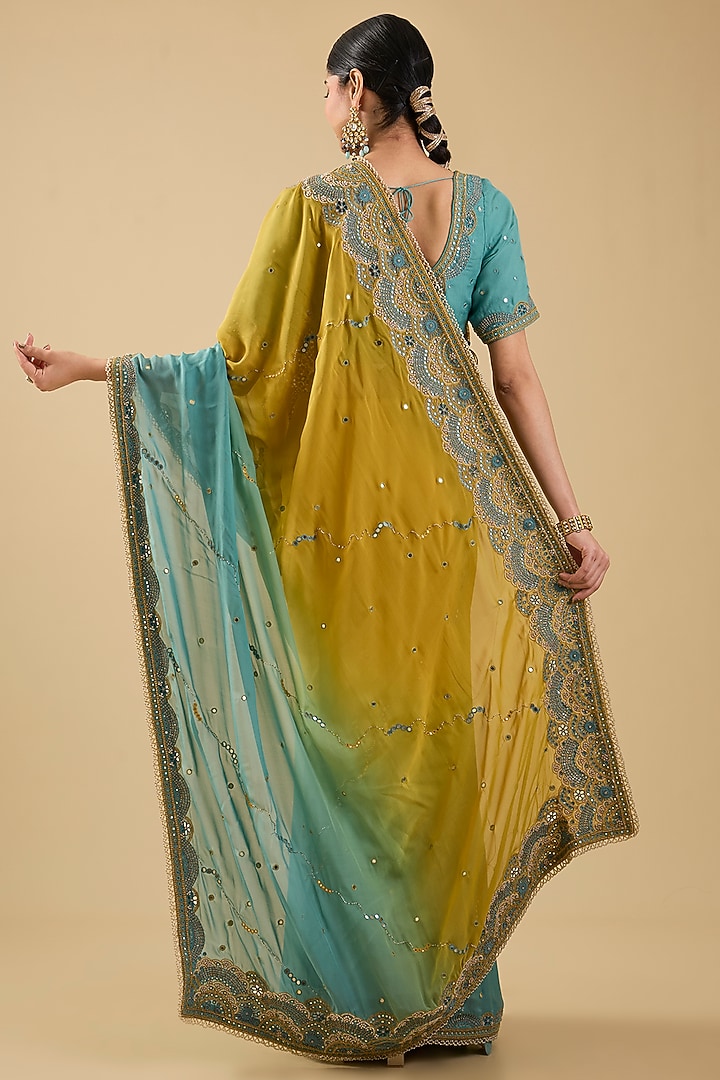 Mustard & Blue Shaded Chiffon Mirror Embroidered Reception Saree Set by Jaya Rathore at Pernia's Pop Up Shop
