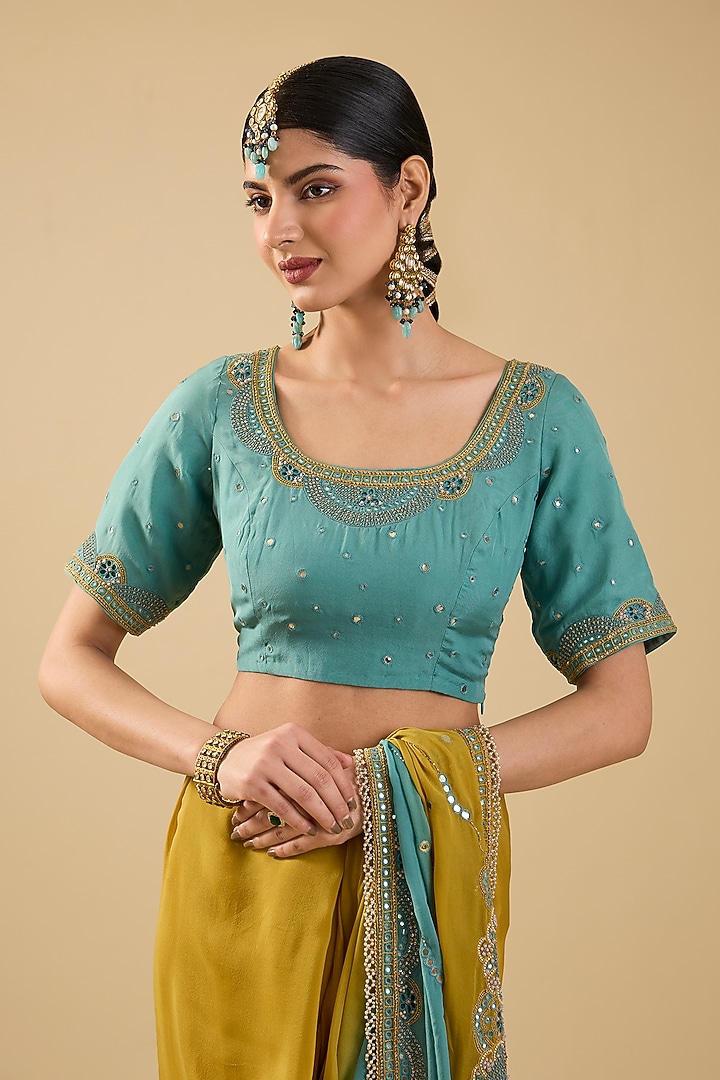 Mustard & Blue Shaded Chiffon Mirror Embroidered Reception Saree Set by Jaya Rathore at Pernia's Pop Up Shop