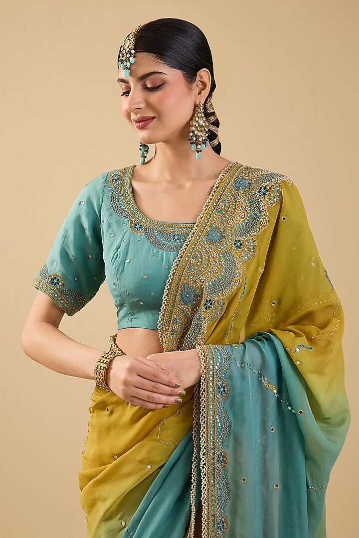 Mustard & Blue Shaded Chiffon Mirror Embroidered Reception Saree Set by Jaya Rathore at Pernia's Pop Up Shop