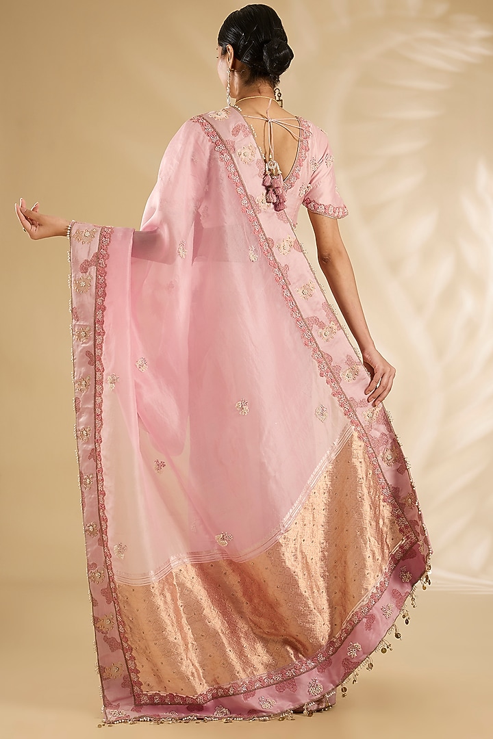 Pink Silk Organza Embellished Wedding Saree Set by Jaya Rathore at Pernia's Pop Up Shop