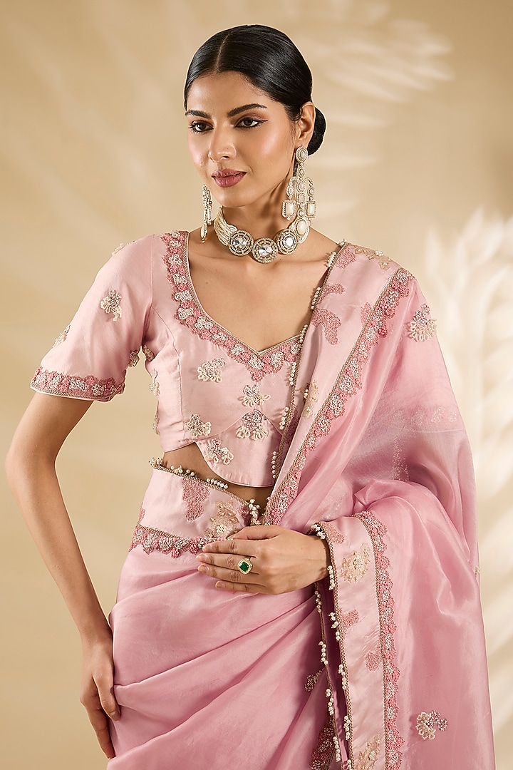 Pink Silk Organza Embellished Wedding Saree Set by Jaya Rathore at Pernia's Pop Up Shop