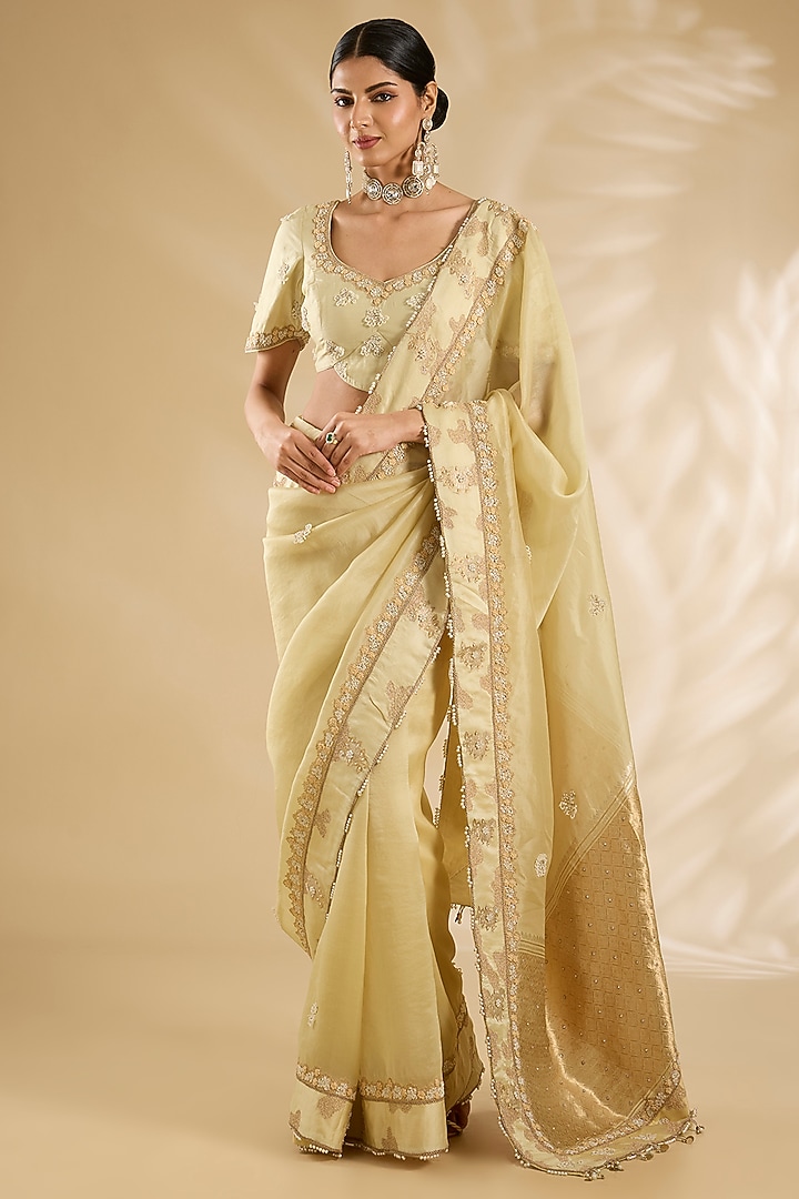 Yellow Silk Organza Embellished Wedding Saree Set by Jaya Rathore at Pernia's Pop Up Shop