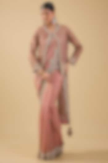 Pink Shimmer Tissue Jaal Embellished Reception Saree Set by Jaya Rathore at Pernia's Pop Up Shop