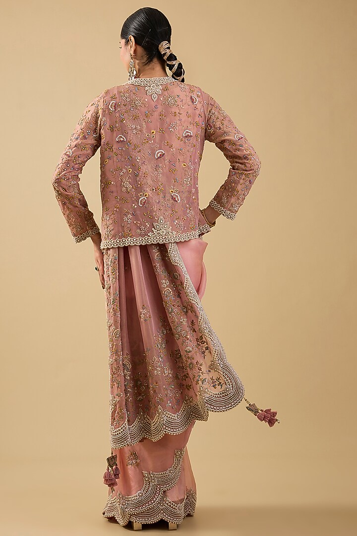 Pink Shimmer Tissue Jaal Embellished Reception Saree Set by Jaya Rathore at Pernia's Pop Up Shop