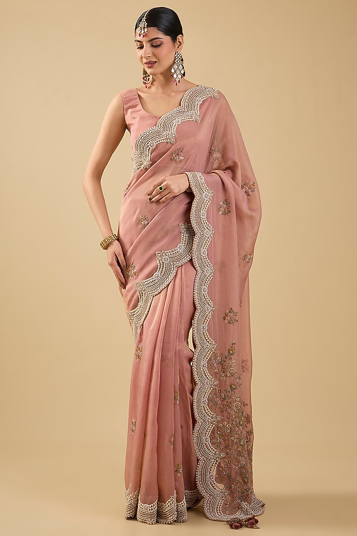 Pink Shimmer Tissue Jaal Embellished Reception Saree Set by Jaya Rathore at Pernia's Pop Up Shop