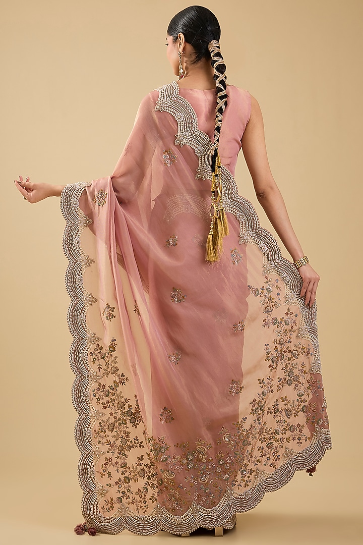 Pink Shimmer Tissue Jaal Embellished Reception Saree Set by Jaya Rathore at Pernia's Pop Up Shop