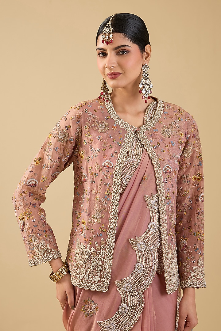 Pink Shimmer Tissue Jaal Embellished Reception Saree Set by Jaya Rathore at Pernia's Pop Up Shop