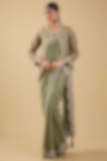 Mint Green Shimmer Tissue Jaal Embellished Reception Saree Set by Jaya Rathore at Pernia's Pop Up Shop