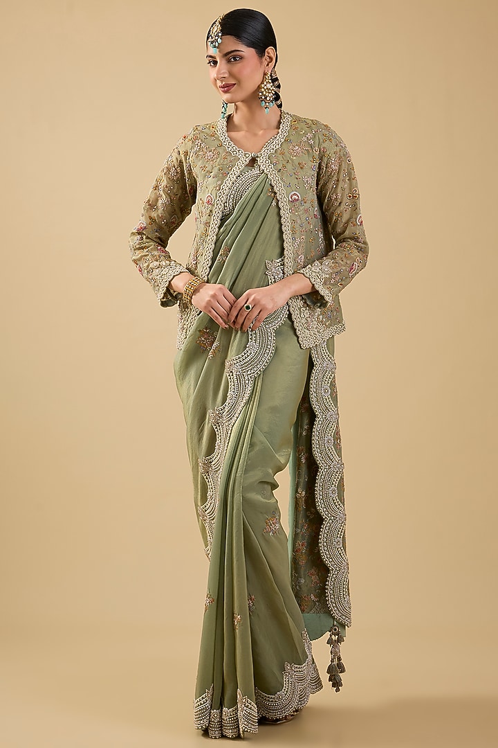 Mint Green Shimmer Tissue Jaal Embellished Reception Saree Set by Jaya Rathore at Pernia's Pop Up Shop