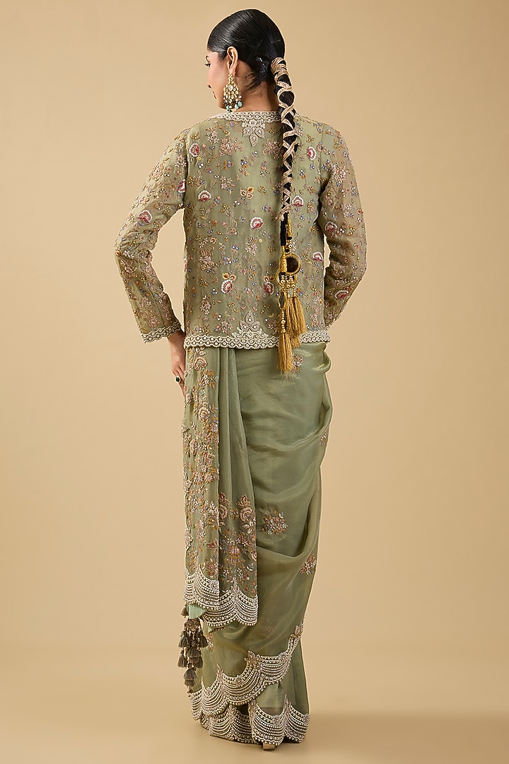 Mint Green Shimmer Tissue Jaal Embellished Reception Saree Set by Jaya Rathore at Pernia's Pop Up Shop