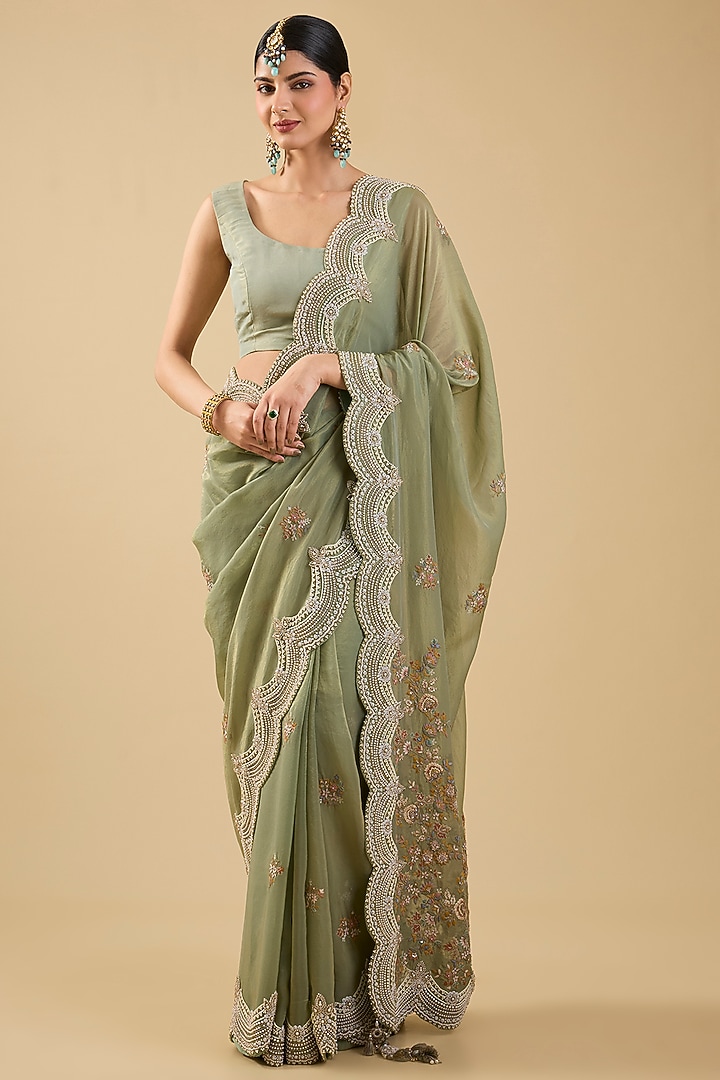 Mint Green Shimmer Tissue Jaal Embellished Reception Saree Set by Jaya Rathore at Pernia's Pop Up Shop