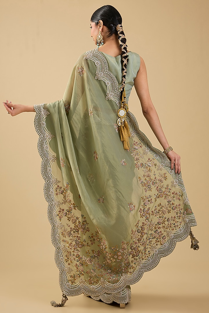 Mint Green Shimmer Tissue Jaal Embellished Reception Saree Set by Jaya Rathore at Pernia's Pop Up Shop