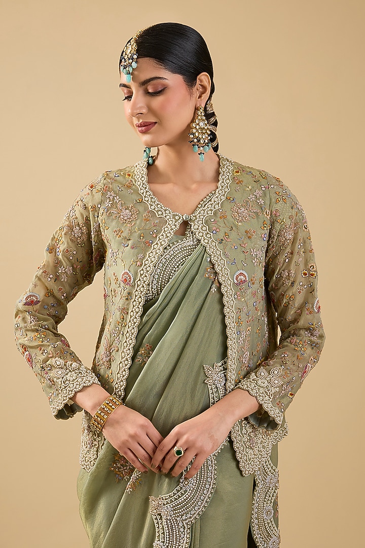 Mint Green Shimmer Tissue Jaal Embellished Reception Saree Set by Jaya Rathore at Pernia's Pop Up Shop