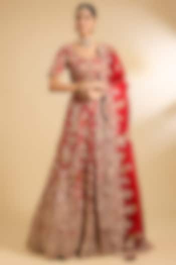 Red Silk & Organza Embellished Bridal Lehenga Set by Jaya Rathore at Pernia's Pop Up Shop