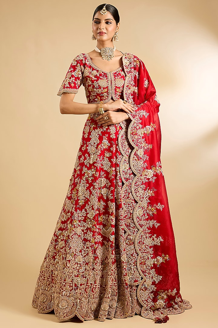 Red Silk & Organza Embellished Bridal Lehenga Set by Jaya Rathore at Pernia's Pop Up Shop