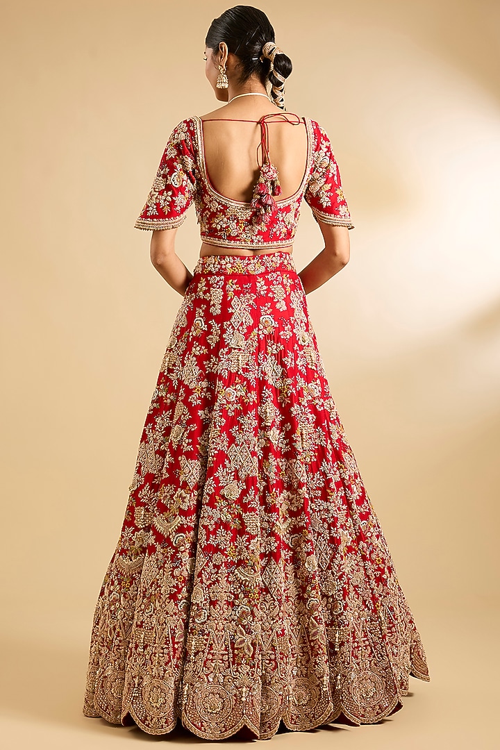 Red Silk & Organza Embellished Bridal Lehenga Set by Jaya Rathore at Pernia's Pop Up Shop