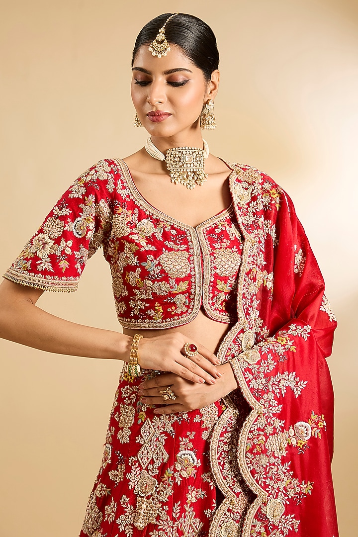 Red Silk & Organza Embellished Bridal Lehenga Set by Jaya Rathore at Pernia's Pop Up Shop