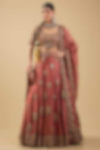 Rust Handloom Silk Mirror Embroidered Bridal Lehenga Set by Jaya Rathore at Pernia's Pop Up Shop