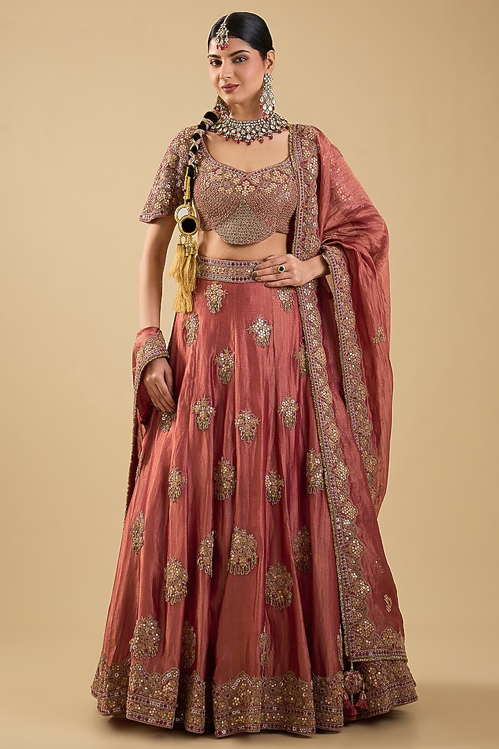 Rust Handloom Silk Mirror Embroidered Bridal Lehenga Set by Jaya Rathore at Pernia's Pop Up Shop